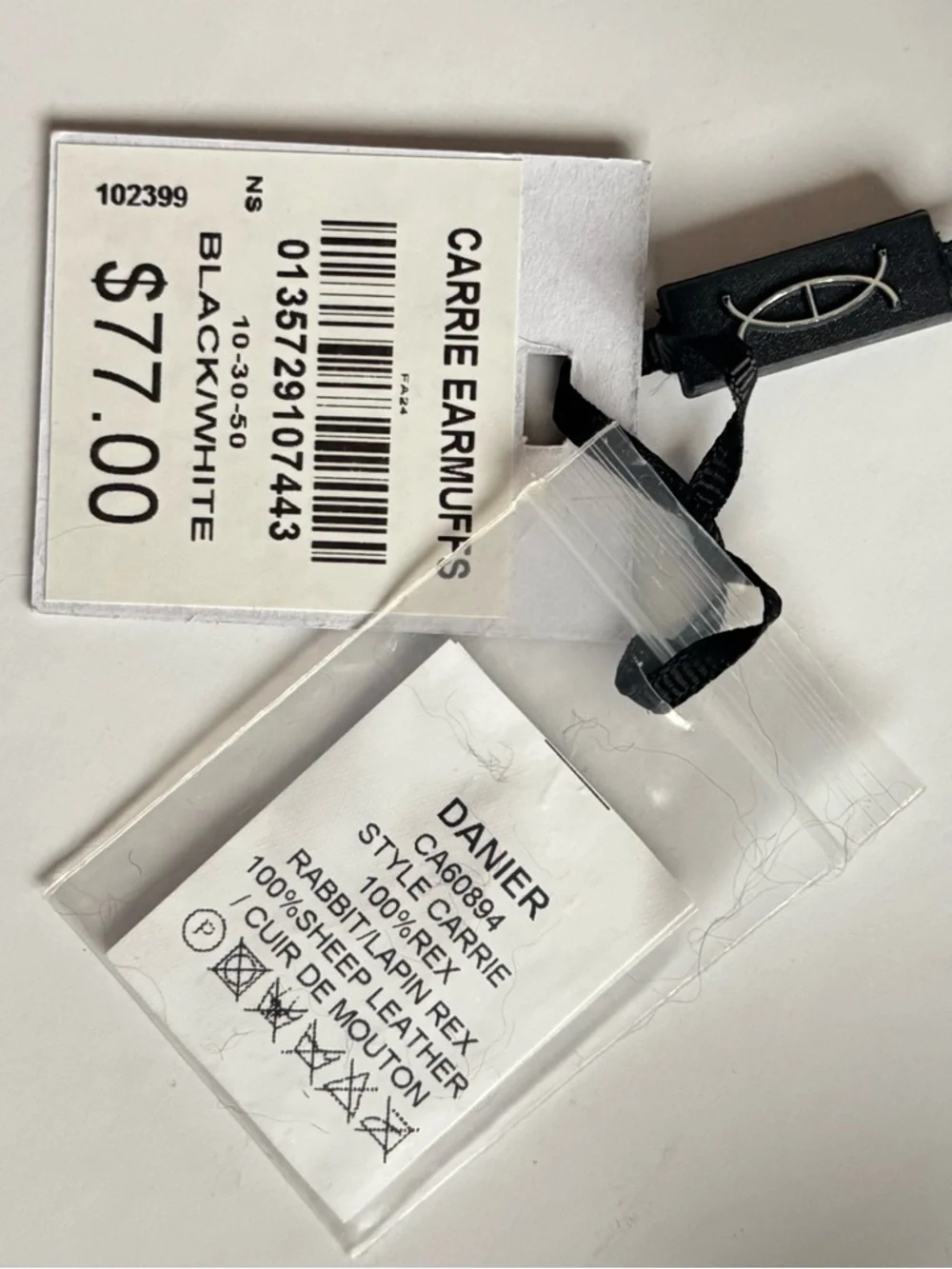 Danier Carrie Earmuffs Black White Rex Rabbit Fur & Sheep Leather NWT - Picture 3 of 5